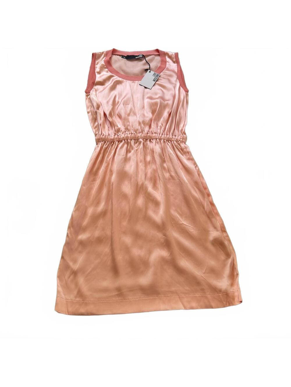 NWT Love Moschino Satin Dress Womens US 4 IT 40 Pink Ribbed Collar Elastic Mini